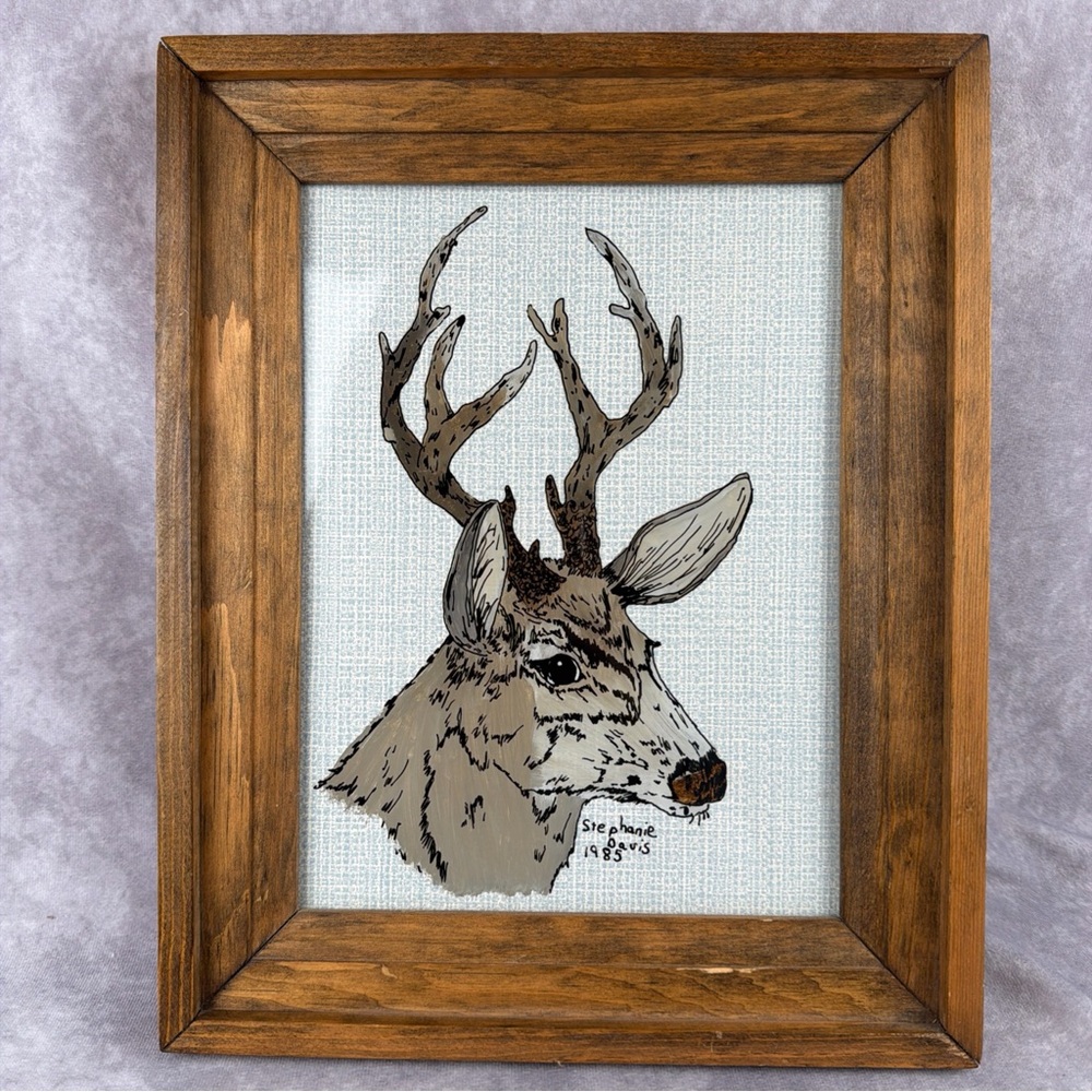VTG Framed Reverse Painted Glass Mule Deer Buck Signed Art Hunting Lodge Decor